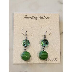 Sterling Silver Green Glass Bead Dangle Earrings